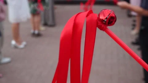 Red ribbon on a stick with a bell Stock Footage 163566604