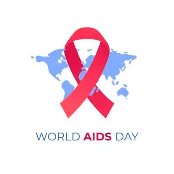 Red ribbon with text on earth map. Health support and disease prevention Stock Illustration
