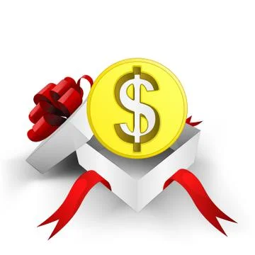 Red ribbon wrapped box with dollar golden coin inside vector illustration Stock Illustration