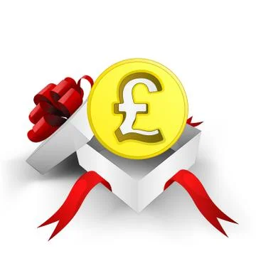 Red ribbon wrapped box with pound golden coin inside vector illustration Illustrazione stock