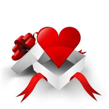 Red ribbon wrapped box with red heart inside vector illustration Illustrazione stock