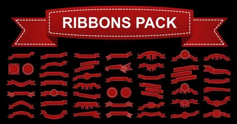 Red ribbons banner big pack banners. Set of flat style ribbon isolated on black Stock Illustration