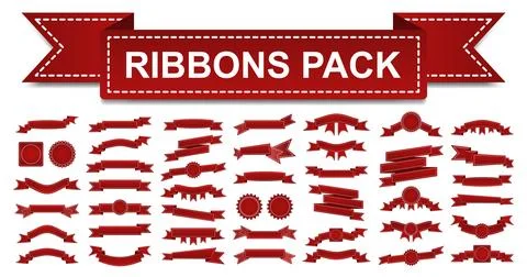 Red ribbons banner big pack banners. Set of flat style ribbon isolated on Stock Illustration