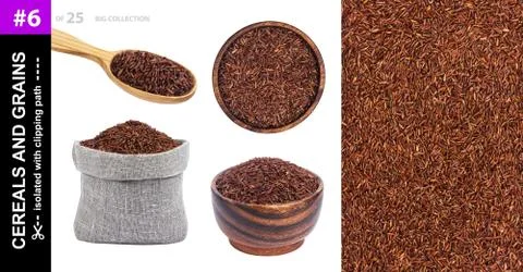Red rice in different dishware isolated on white background, collection Foto stock