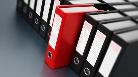 Red ring binder among black ones. 3D illustration Stock Illustration