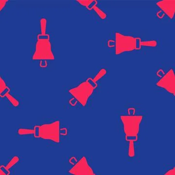 Red Ringing bell icon isolated seamless pattern on blue background. Alarm symbol Stock Illustration