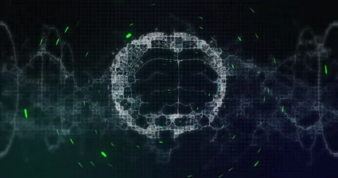 Red rings appearing leading wireframe brain emerging over oscillating waveform Stockbeeldmateriaal 311085216