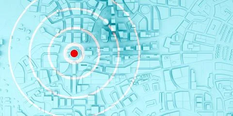 Red rings of epicenter in the low poly city Stock Illustration