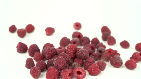 Red ripe raspberry fall on white background, set of raspberries on white, 4K  Video stock 133772213