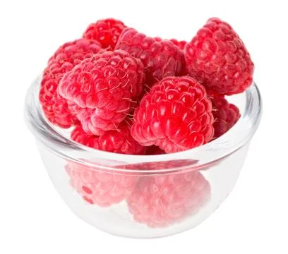 Red ripe raspberry fruit in transparent glass, isolated on white macro Stock Photos