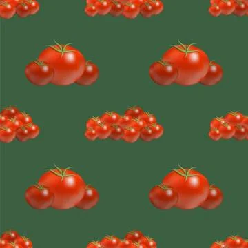 Red Ripe Tomato Seamless Pattern Isolated on Dark Green Background. Vegetable Stock Illustration
