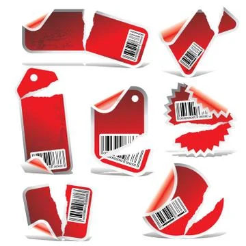 Red ripped tag and sticker set with bar codes 库存插图
