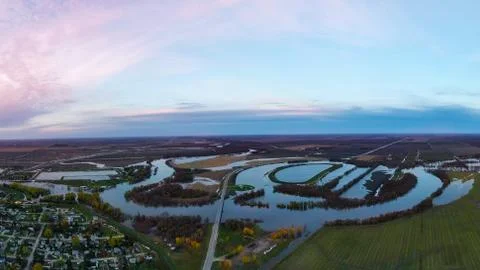The Red River flooding in fall. Morris, Manitoba, Canada, October 2019 Stock Photos
