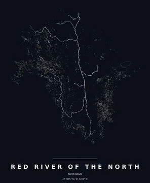 Red River of the North Basin Watershed Map Line Art Dark Poster Stock Illustration