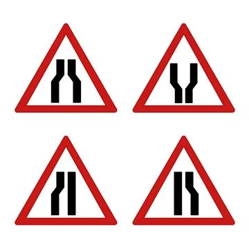 Red Road Signs. Vector Icons. Road Narrows, Road Widens, Road Narrows Left,.. Stock Illustration