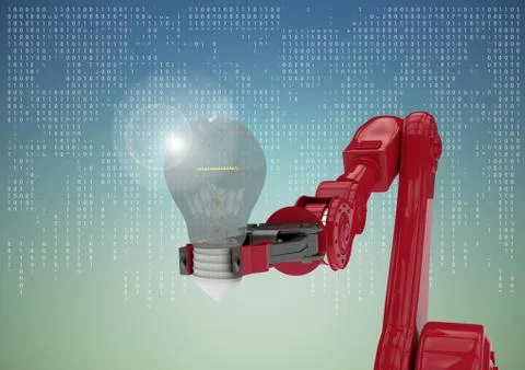 Red robot claw with light bulb and flare against white interface against blue イラスト素材