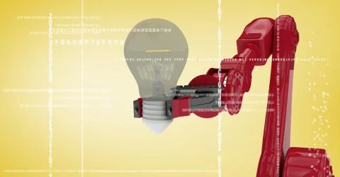 Red robot claw with light bulb behind white interface against yellow background Illustrazione stock