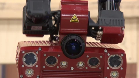 Red robot machine in laboratory Video stock 99053482