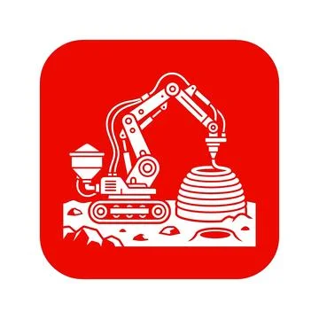 Red robotic arm building dome structure on rocky planetary surface for cons.. Stock Illustration