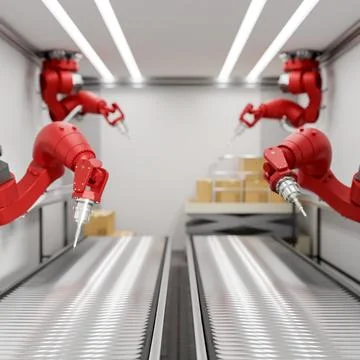 Red robotic assembly arms in a production line over double conveyor belts i.. Ilustração Stock