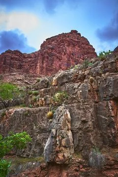 Red Rock Cliffs and Desert Cactus Against Dramatic Blue Sky in Rugged Southwe Stock Photos