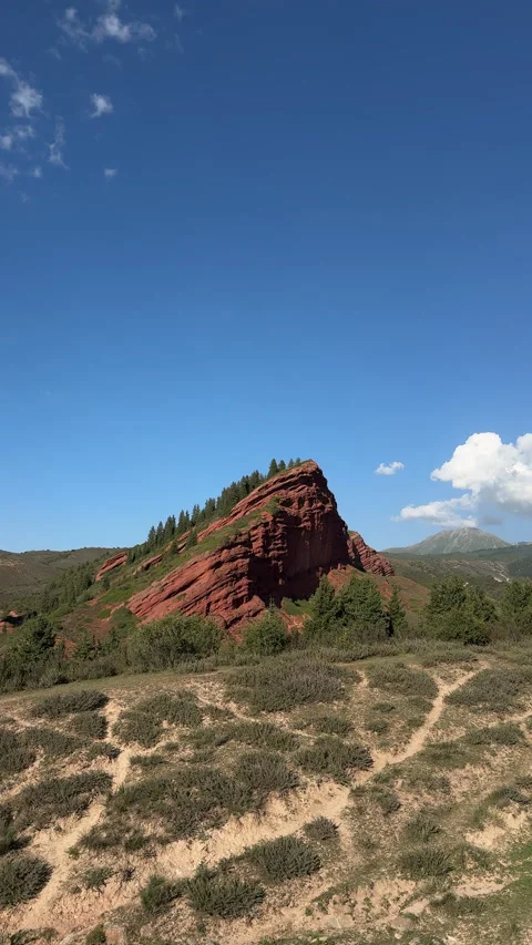 Red rock mountain with pine trees in Jeti-Oguz gorge, 4K vertical Stock Footage 342029889