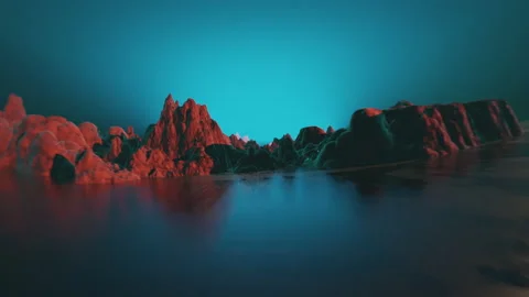 Red rock of planet Mars covered with water. Flying over the surface of alien Stock Footage 246006701