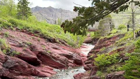 Red rock river with green trees and mountains in the background. Tonwater park.  Video stock 344799784