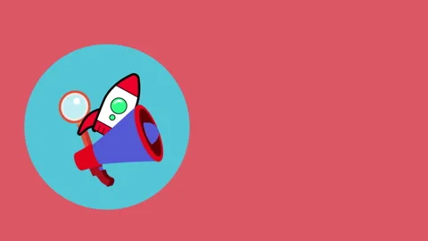 Red rocket blue megaphone magnifying glass reside within blue circle on coral Stock Footage 292685287
