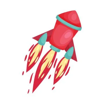 Red Rocket With Fire Trace Launched Into Space Vector Illustration Set Cartoon Stock Illustration