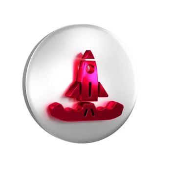 Red Rocket icon isolated on transparent background. Silver circle button. Illustrazione stock