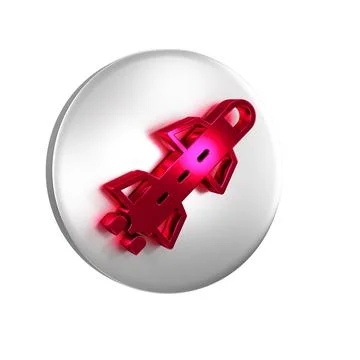 Red Rocket icon isolated on transparent background. Silver circle button. Illustrazione stock