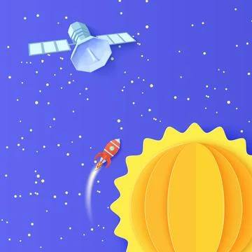 Red rocket launch in space and polygonal satellite in paper cut style. Galaxy Stock Illustration