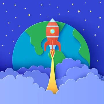 Red rocket launch in space on the background of planet Earth in paper cut style Stock Illustration