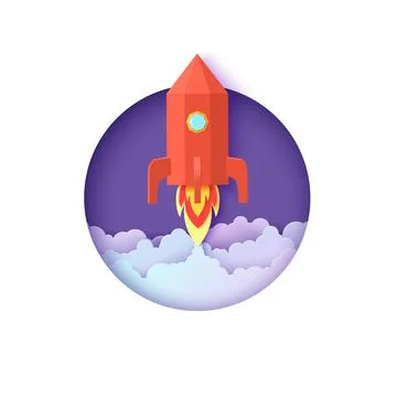 Red rocket launch in space in paper cut style. Round white frame with get start Stock Illustration