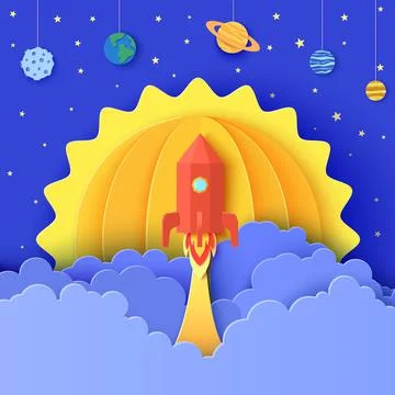Red rocket launch in space in paper cut style. Galaxy universe landscape 3d Stock Illustration