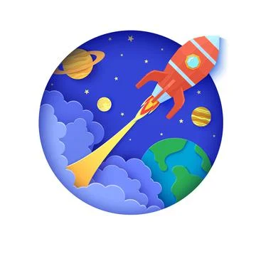 Red rocket launch in space in paper cut style. Round white frame with get start Illustrazione stock