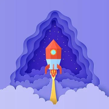 Red rocket launch in space in paper cut style. Triangular layered frame with get Stock Illustration