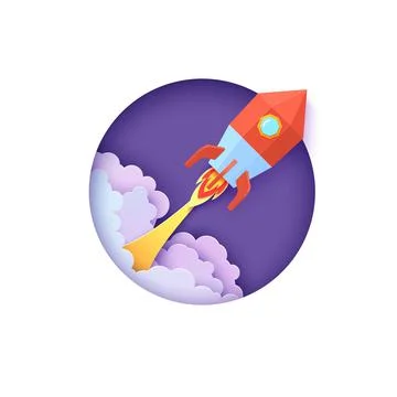 Red rocket launch in space in paper cut style. Round white frame with get start Stock Illustration