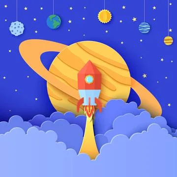 Red rocket launch in space in paper cut style. Galaxy universe landscape 3d Stock Illustration