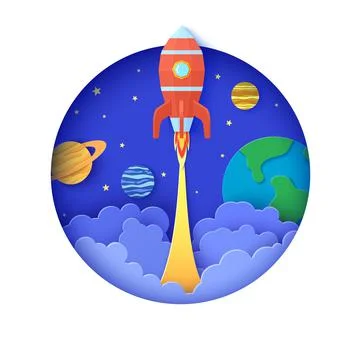 Red rocket launch in space in paper cut style. Round white frame with get start Stock Illustration