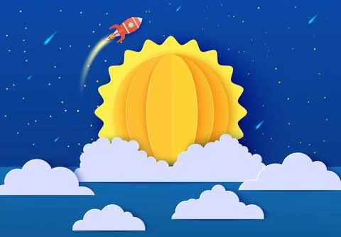 Red rocket launch in space in paper cut style. Galaxy universe landscape 3d Illustrazione stock