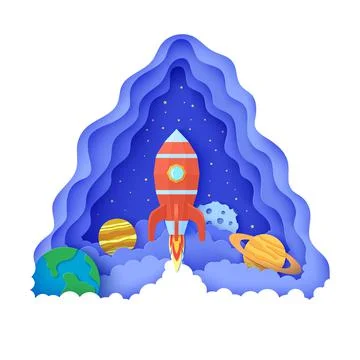 Red rocket launch in space in paper cut style. Triangular layered frame with get Illustrazione stock