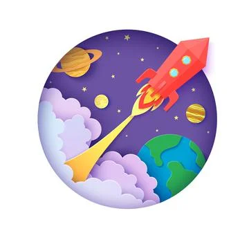 Red rocket launch in space in paper cut style. Round white frame with get start Stock Illustration