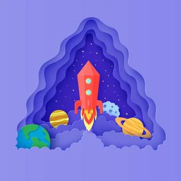 Red rocket launch in space in paper cut style. Triangular layered frame with get Illustrazione stock