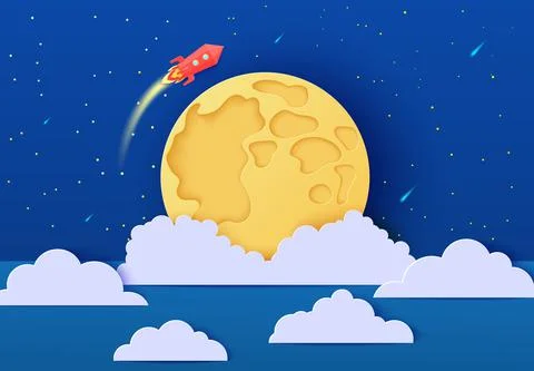 Red rocket launch in space in paper cut style. Absrtact galaxy universe Stock Illustration