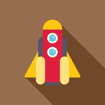 Red rocket launching exploring outer space in flat design with long shadow Stock Illustration