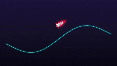 Red rocket ship flies over glowing blue wave in starry night. Stock Footage 347199854