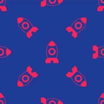 Red Rocket ship toy icon isolated seamless pattern on blue background. Space Stock Illustration