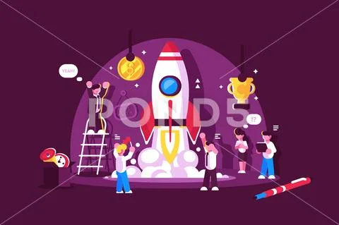 Red rocket start up space with people celebrating Stock Illustration